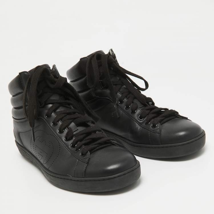 Pre Owned Gucci Black/Grey Leather GG Ace High Top Sneakers Size 40
