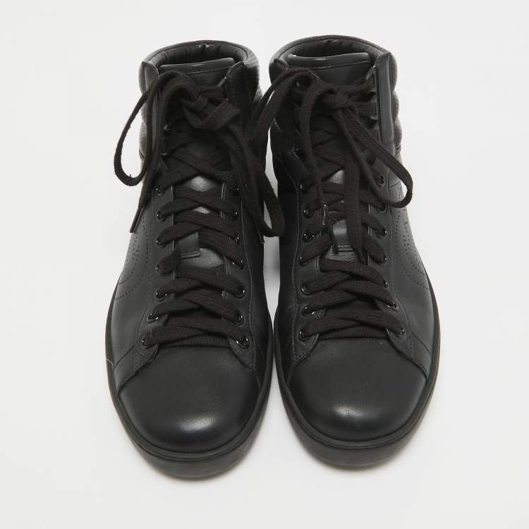 Pre Owned Gucci Black/Grey Leather GG Ace High Top Sneakers Size 40
