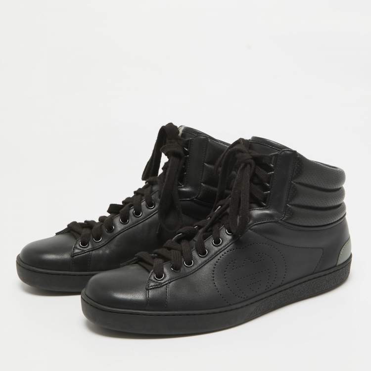 Pre Owned Gucci Black/Grey Leather GG Ace High Top Sneakers Size 40