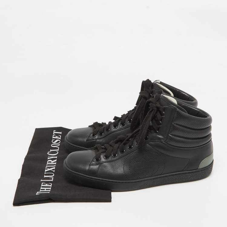 Pre Owned Gucci Black/Grey Leather GG Ace High Top Sneakers Size 40