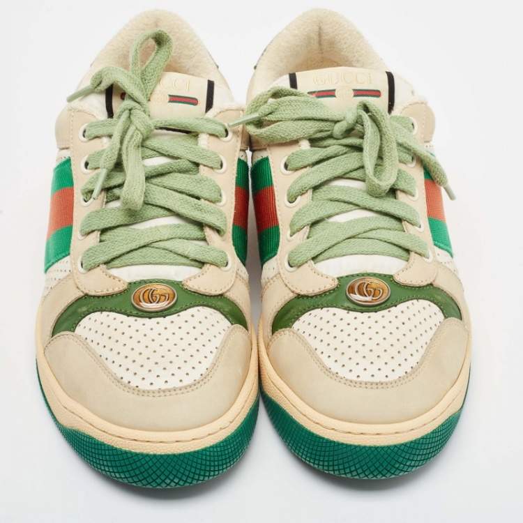 Pre Owned Gucci Grey/Green Leather and Nubuck Leather Screener Lace Up Sneakers Size 39.5