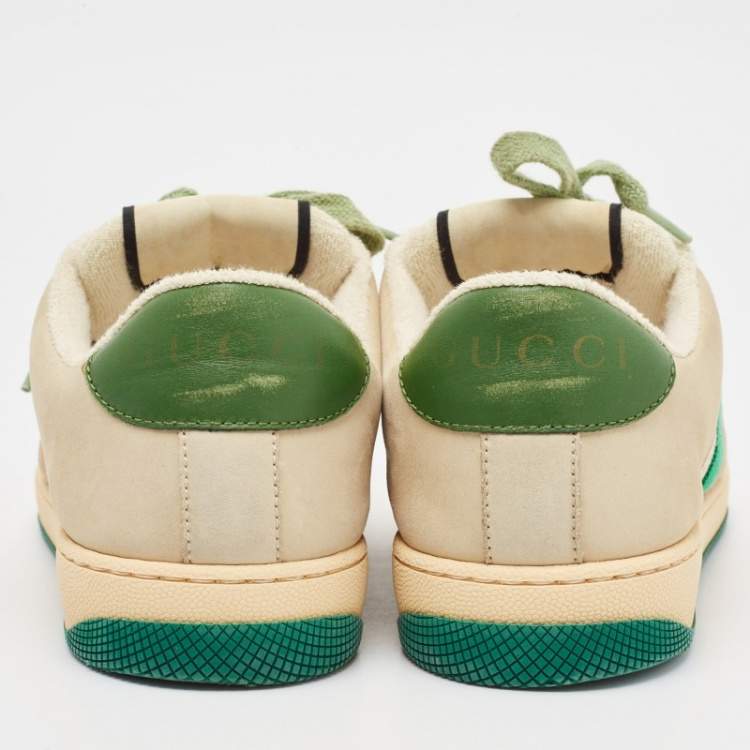 Pre Owned Gucci Grey/Green Leather and Nubuck Leather Screener Lace Up Sneakers Size 39.5