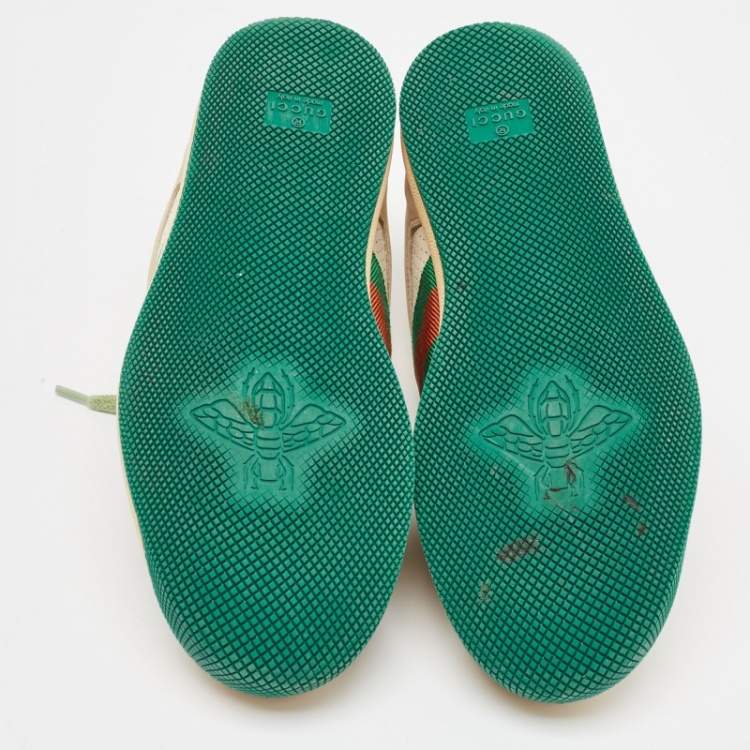 Pre Owned Gucci Grey/Green Leather and Nubuck Leather Screener Lace Up Sneakers Size 39.5
