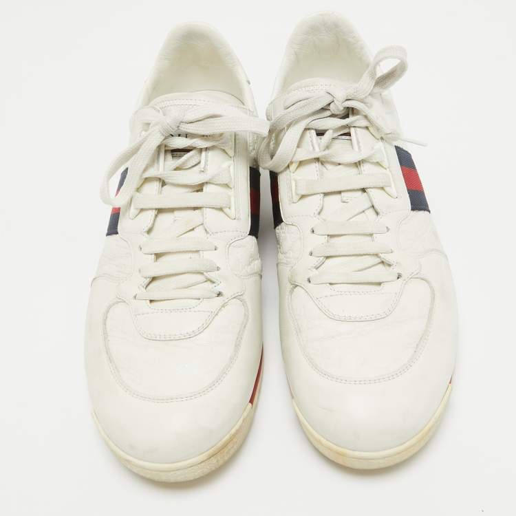 Pre Owned Gucci White Guccissima Leather Web Detail Low Top Sneakers Size 43