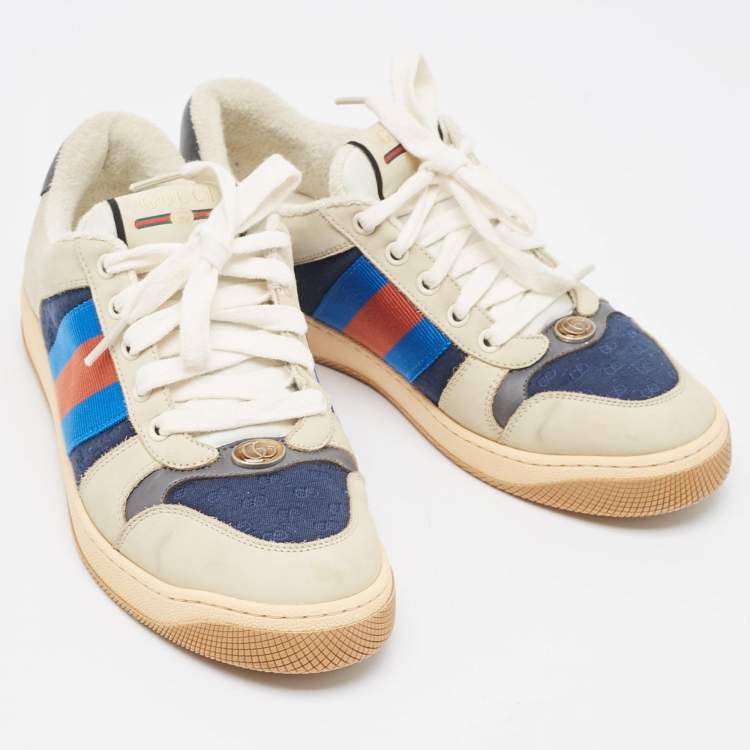 Pre Owned Gucci Grey Fabric and Nubuck Leather Screener Lace Up Sneakers Size 39.5