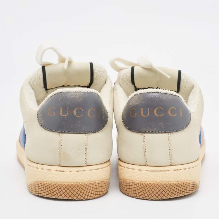 Pre Owned Gucci Grey Fabric and Nubuck Leather Screener Lace Up Sneakers Size 39.5