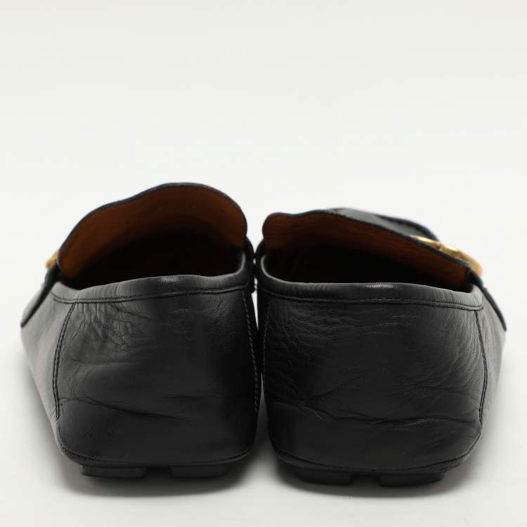 Pre Owned Gucci Black Leather Web GG Marmont Loafers Size 42