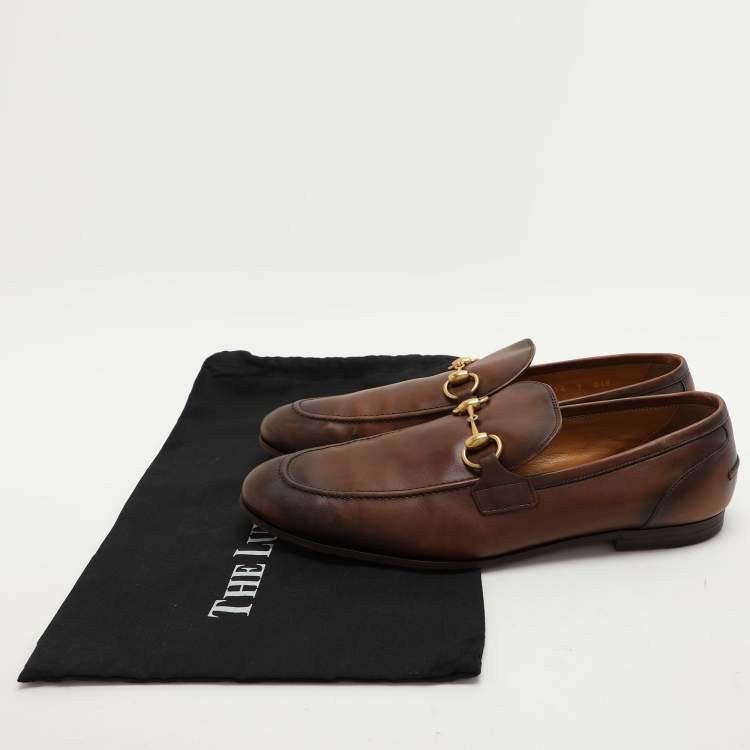 Pre Owned Gucci Brown Leather GG Jordaan Loafers Size 43