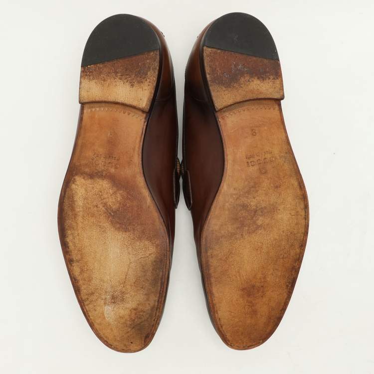 Pre Owned Gucci Brown Leather GG Jordaan Loafers Size 43