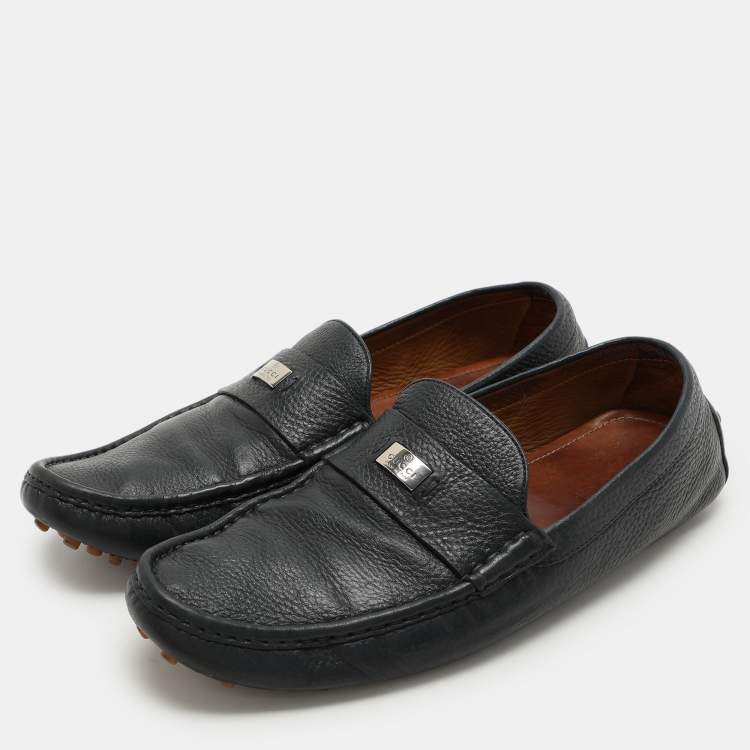 Pre Owned Gucci Navy Blue Leather Embellished Loafers Size 44.5
