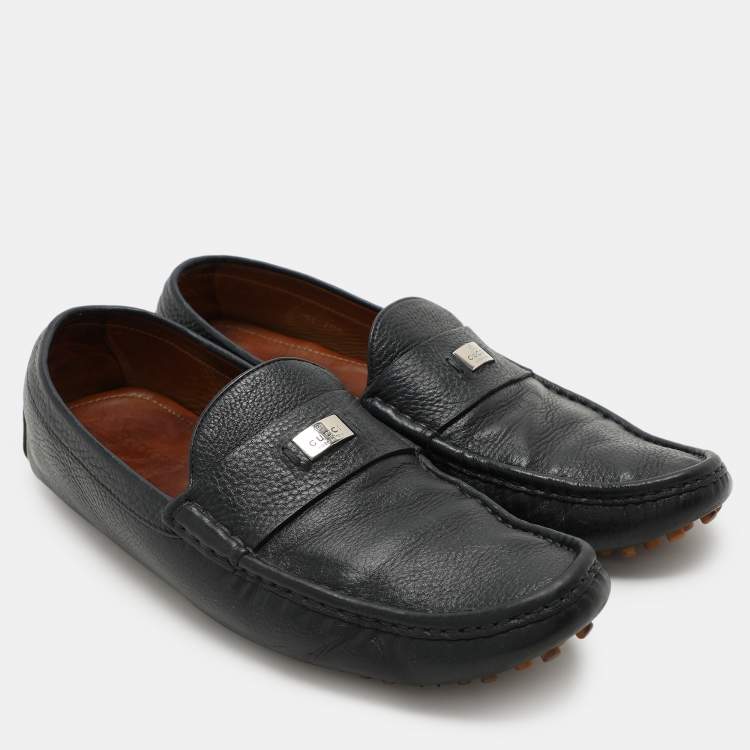 Pre Owned Gucci Navy Blue Leather Embellished Loafers Size 44.5