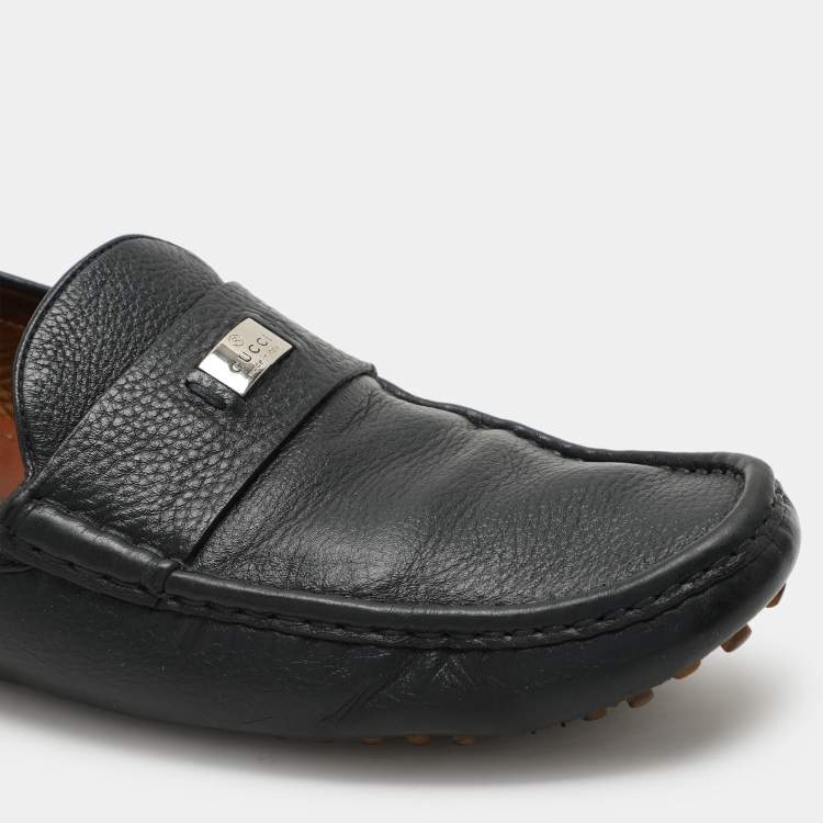 Pre Owned Gucci Navy Blue Leather Embellished Loafers Size 44.5