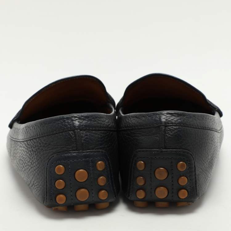 Pre Owned Gucci Navy Blue Leather Embellished Loafers Size 44.5