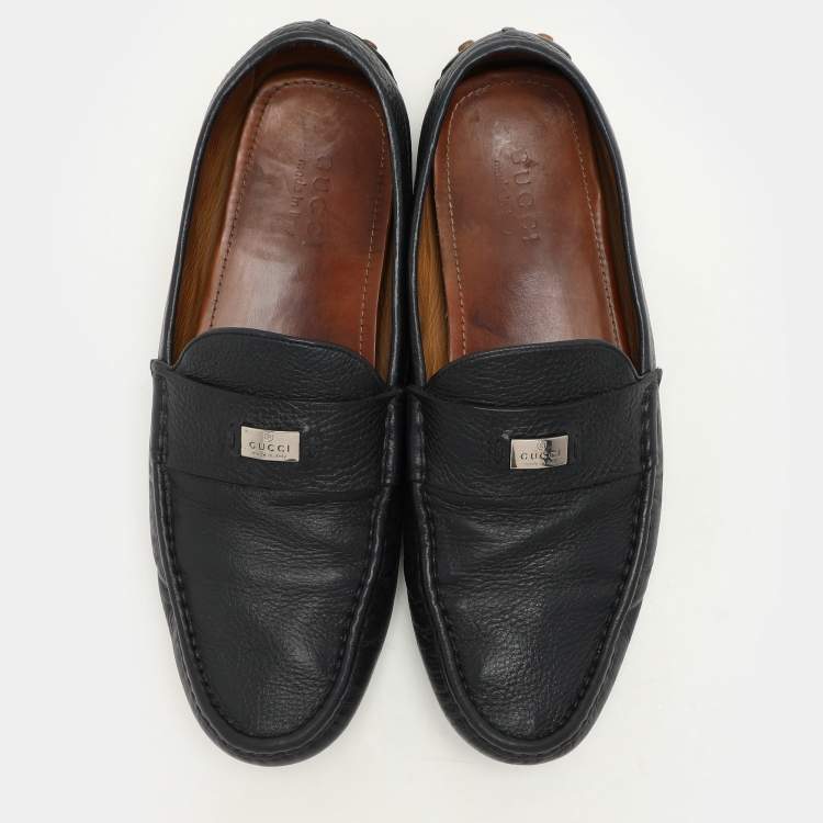 Pre Owned Gucci Navy Blue Leather Embellished Loafers Size 44.5