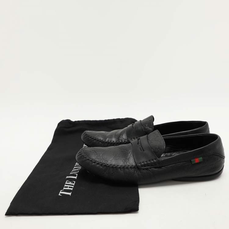 Pre Owned Gucci Black Guccissima Leather Penny Loafers Size 44