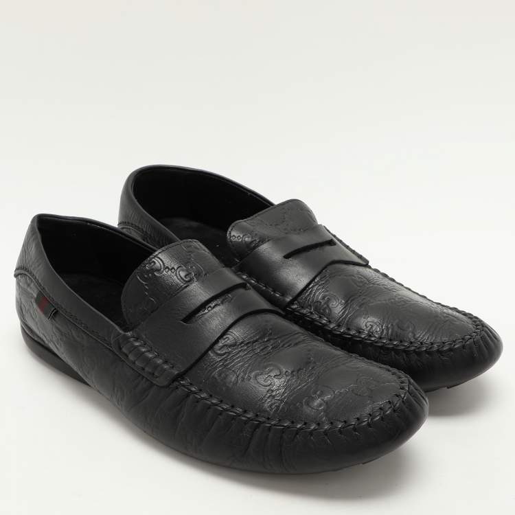 Pre Owned Gucci Black Guccissima Leather Penny Loafers Size 44