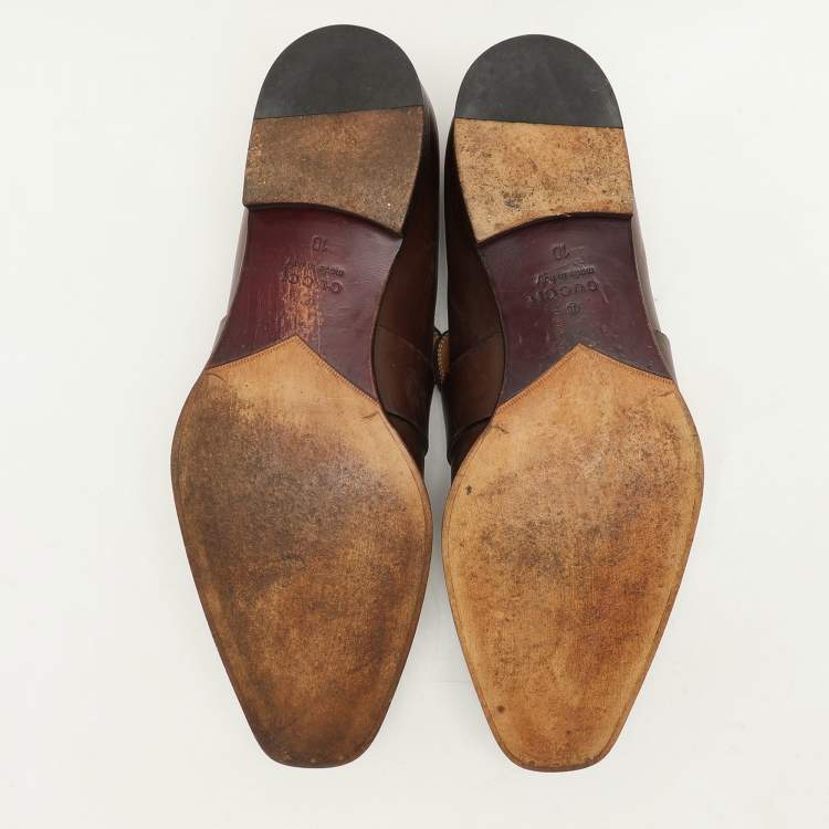 Pre Owned Gucci Brown Leather Slip On Loafers Size 44