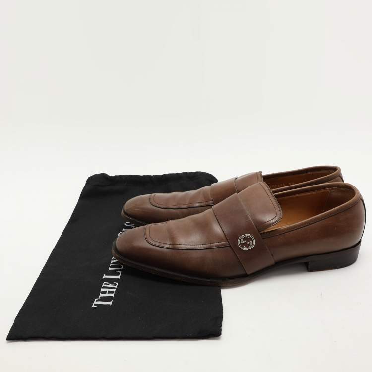 Pre Owned Gucci Brown Leather Slip On Loafers Size 44