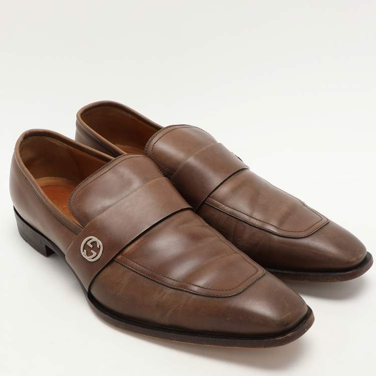 Pre Owned Gucci Brown Leather Slip On Loafers Size 44