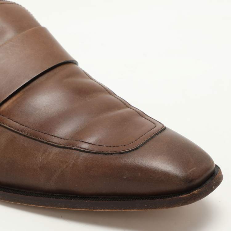 Pre Owned Gucci Brown Leather Slip On Loafers Size 44