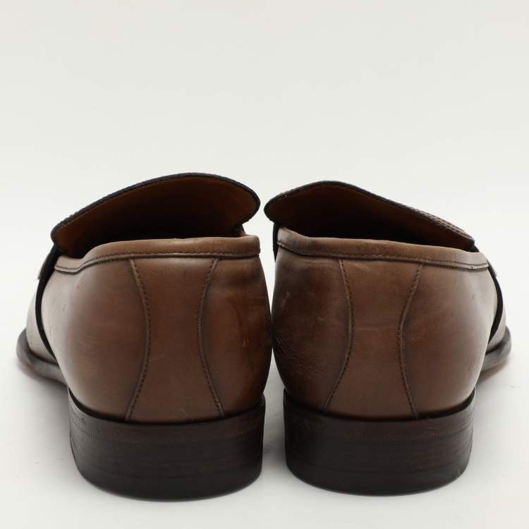 Pre Owned Gucci Brown Leather Slip On Loafers Size 44