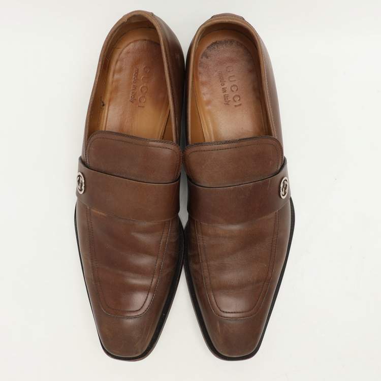 Pre Owned Gucci Brown Leather Slip On Loafers Size 44