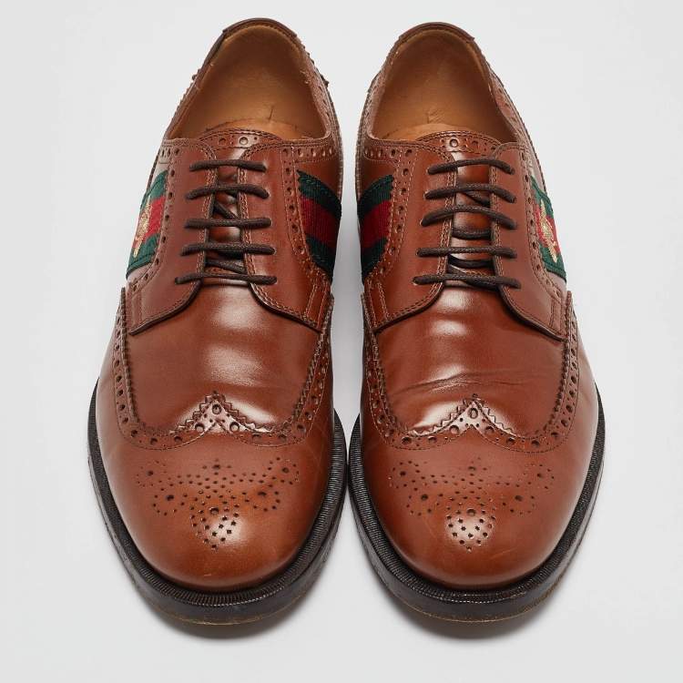 Pre Owned Gucci Brown Leather Bee Embroidered Brogue Derby Size 44