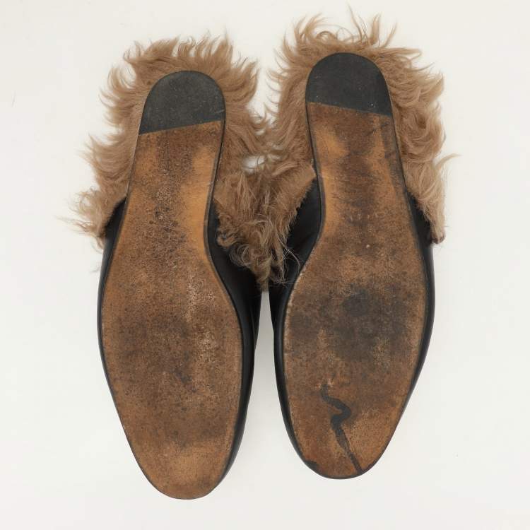 Pre Owned Gucci Black Leather Princetown Fur Lined Horsebit Mules Size 44