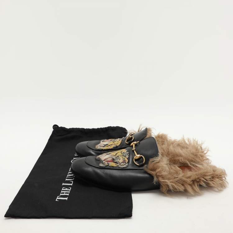 Pre Owned Gucci Black Leather Princetown Fur Lined Horsebit Mules Size 44