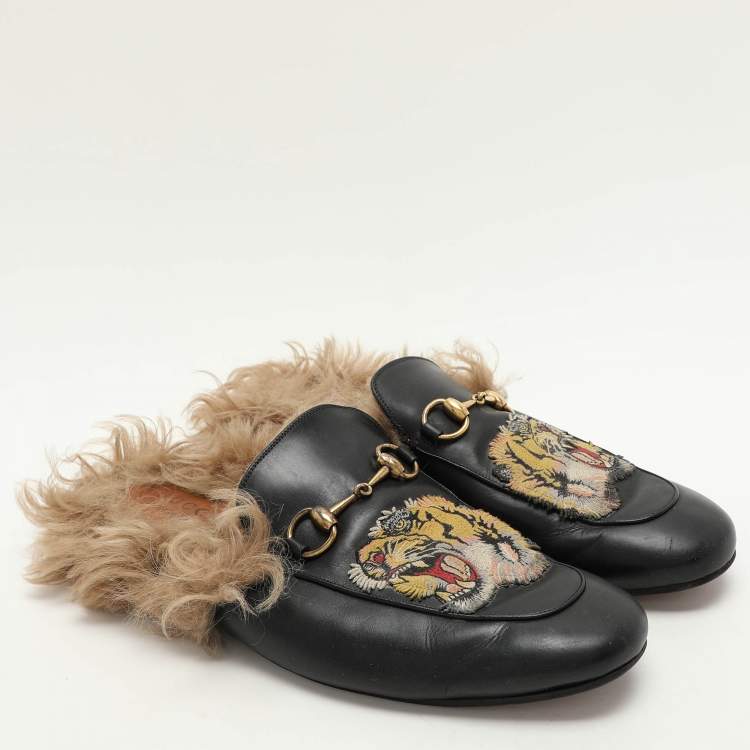 Pre Owned Gucci Black Leather Princetown Fur Lined Horsebit Mules Size 44