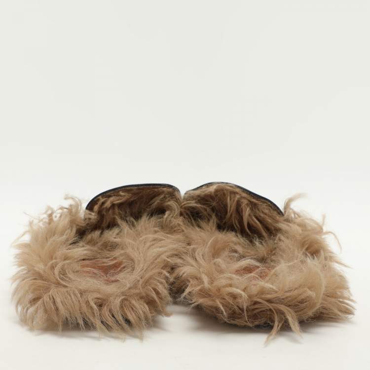 Pre Owned Gucci Black Leather Princetown Fur Lined Horsebit Mules Size 44
