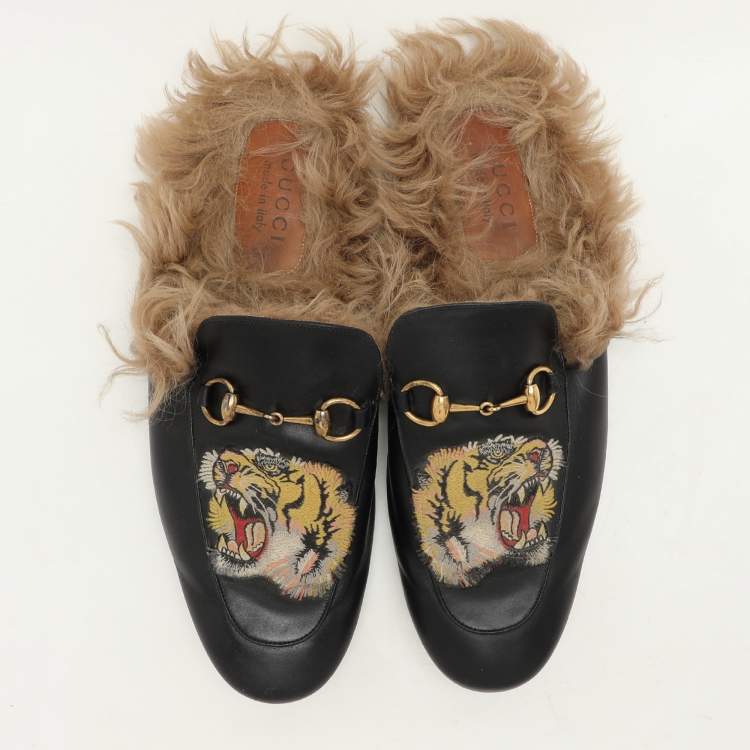 Pre Owned Gucci Black Leather Princetown Fur Lined Horsebit Mules Size 44