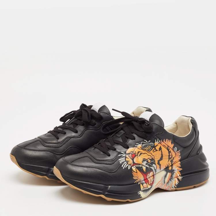 Pre Owned Gucci Black Leather Tiger Print Rhyton Sneakers Size 44.5