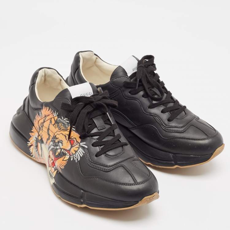 Pre Owned Gucci Black Leather Tiger Print Rhyton Sneakers Size 44.5