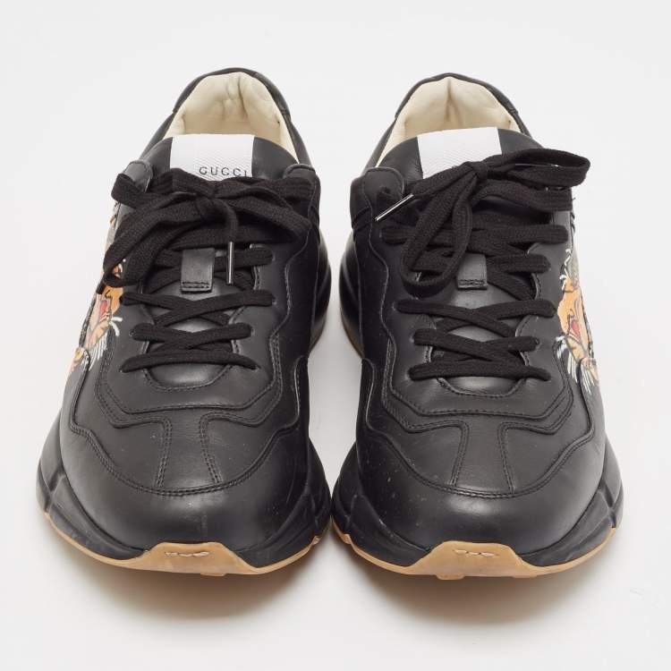 Pre Owned Gucci Black Leather Tiger Print Rhyton Sneakers Size 44.5