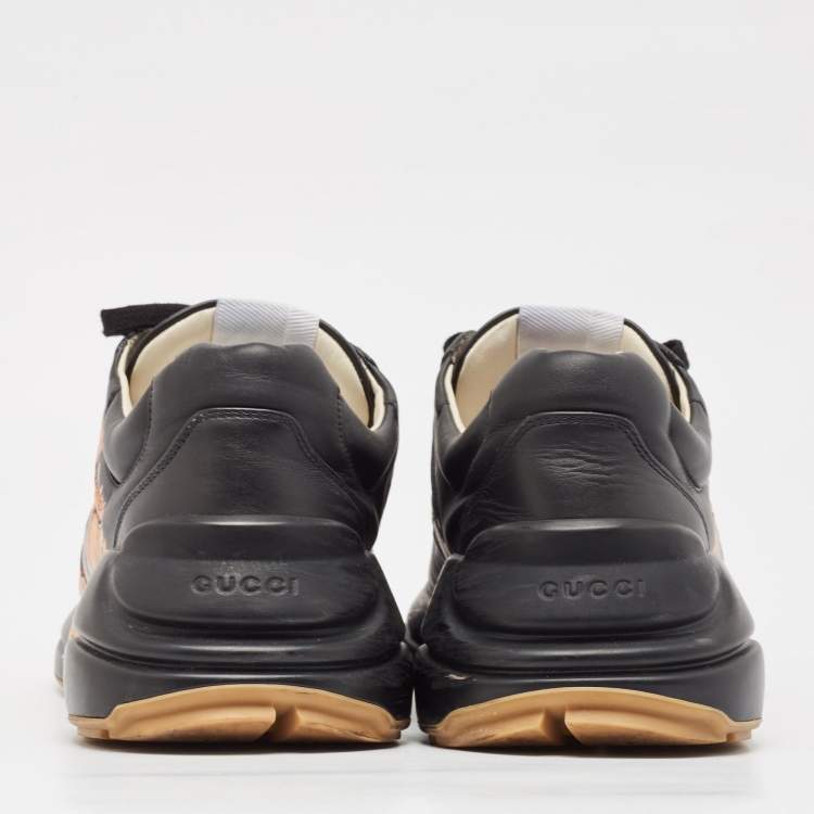 Pre Owned Gucci Black Leather Tiger Print Rhyton Sneakers Size 44.5