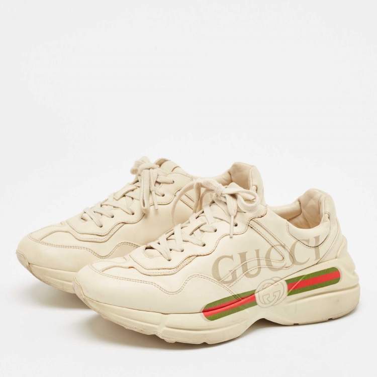 Pre Owned Gucci Cream Leather Rhyton Logo Sneakers Size 40