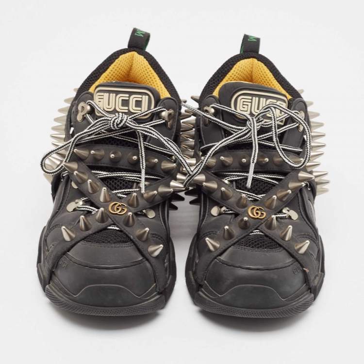 Pre Owned Gucci Black Leather and Mesh Removable Spikes Flashtrek Sneakers Size 40