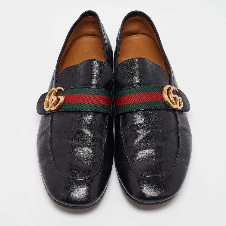 Pre Owned Gucci Black Leather GG Marmont Web Slip on Loafers Size 42.5