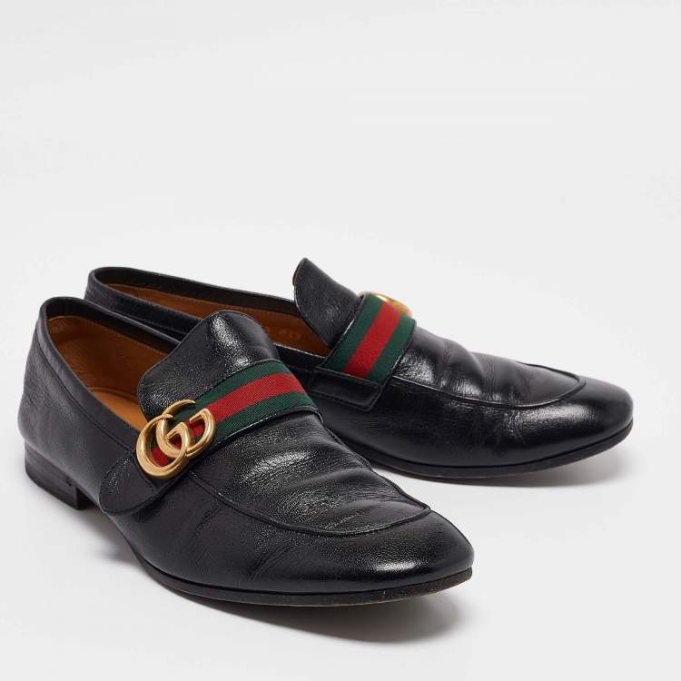 Pre Owned Gucci Black Leather GG Marmont Web Slip on Loafers Size 42.5
