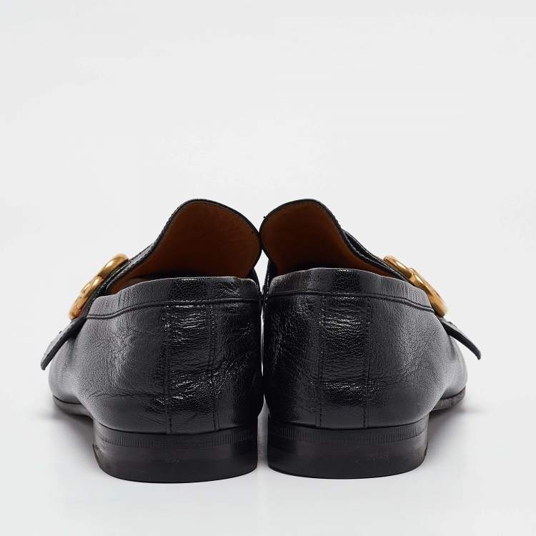 Pre Owned Gucci Black Leather GG Marmont Web Slip on Loafers Size 42.5