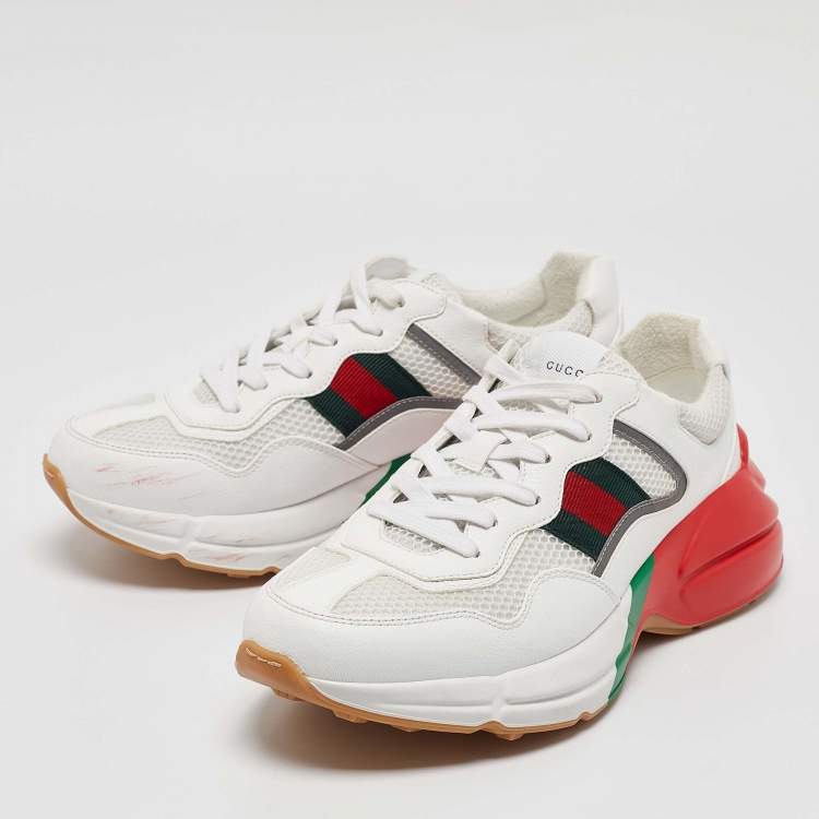 مملوكة مسبقًا Gucci White/Red Leather and Mesh Rhyton Low Top Sneakers Size 41.5