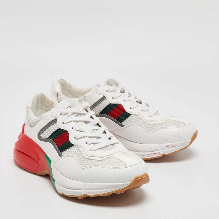 مملوكة مسبقًا Gucci White/Red Leather and Mesh Rhyton Low Top Sneakers Size 41.5