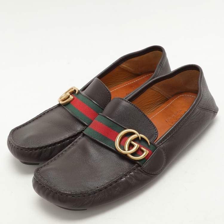 مملوكة مسبقًا Gucci Brown Leather Web Marmont Driver Loafers Size 40