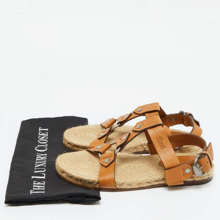 Pre Owned Gucci Tan Leather Ankle Strap Espadrille Flat Sandals Size 40.5