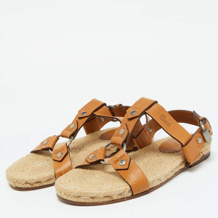Pre Owned Gucci Tan Leather Ankle Strap Espadrille Flat Sandals Size 40.5
