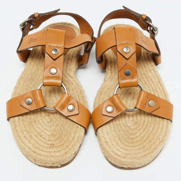 Pre Owned Gucci Tan Leather Ankle Strap Espadrille Flat Sandals Size 40.5