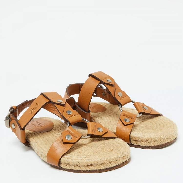 Pre Owned Gucci Tan Leather Ankle Strap Espadrille Flat Sandals Size 40.5