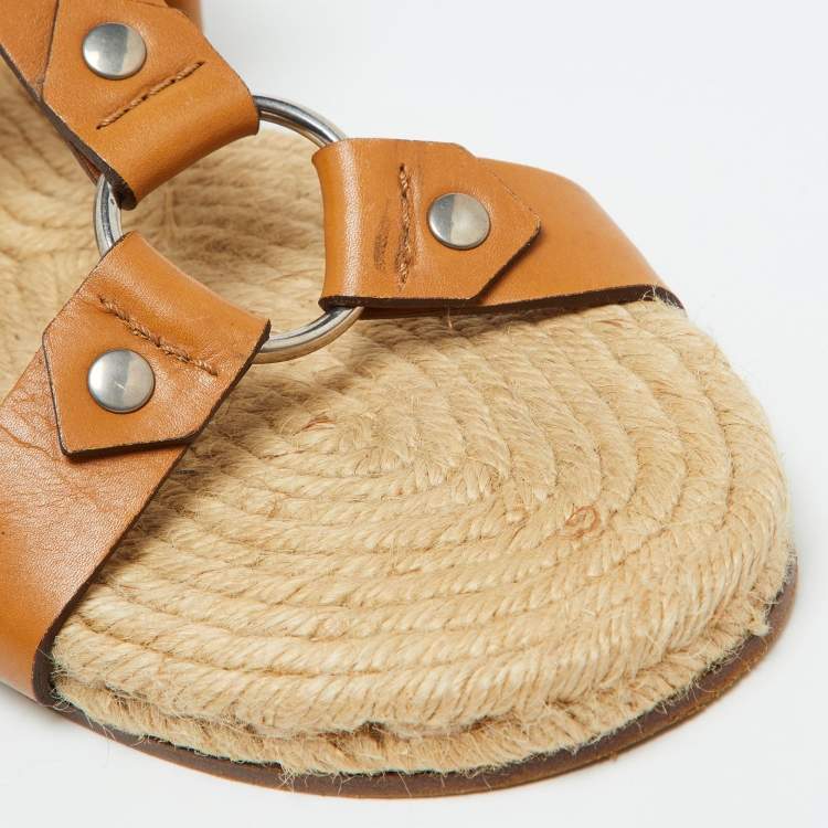 Pre Owned Gucci Tan Leather Ankle Strap Espadrille Flat Sandals Size 40.5
