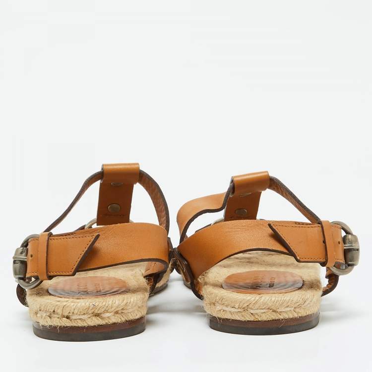 Pre Owned Gucci Tan Leather Ankle Strap Espadrille Flat Sandals Size 40.5
